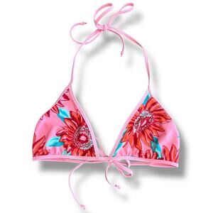Aerie Women’s Triangle Bikini Top Size Large Pink Red Floral Swim Halter